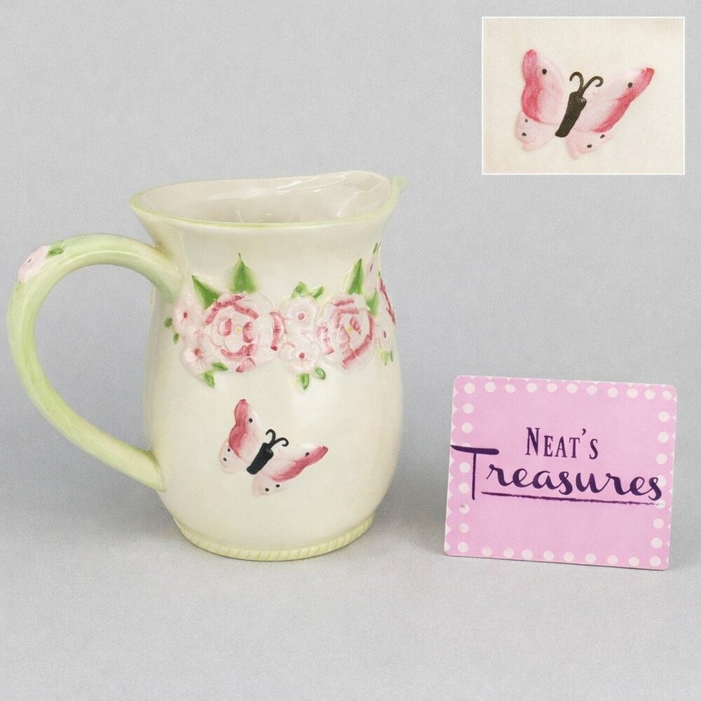Harry & David Embossed PINK BUTTERFLY FLORAL Green Stoneware 2 Quart 7" Pitcher